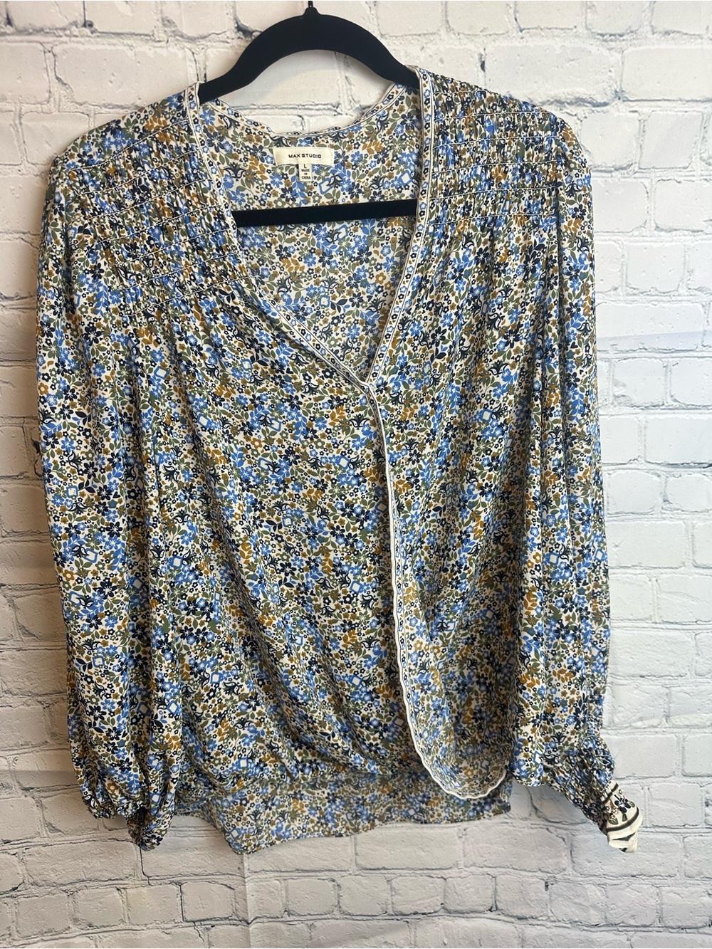Max Studio Blue and Gold Floral V-Neck Blouse